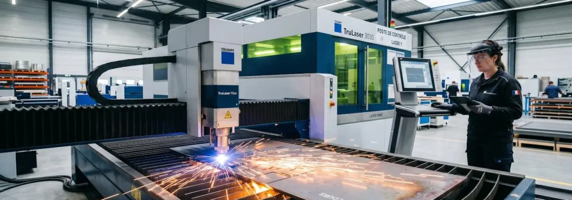 Un opérateur supervise une machine de découpe laser Fibre découpant une plaque d'acier dans un atelier industriel lumineux, avec projection d'étincelles orangées