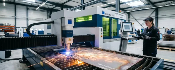 Un opérateur supervise une machine de découpe laser Fibre découpant une plaque d'acier dans un atelier industriel lumineux, avec projection d'étincelles orangées