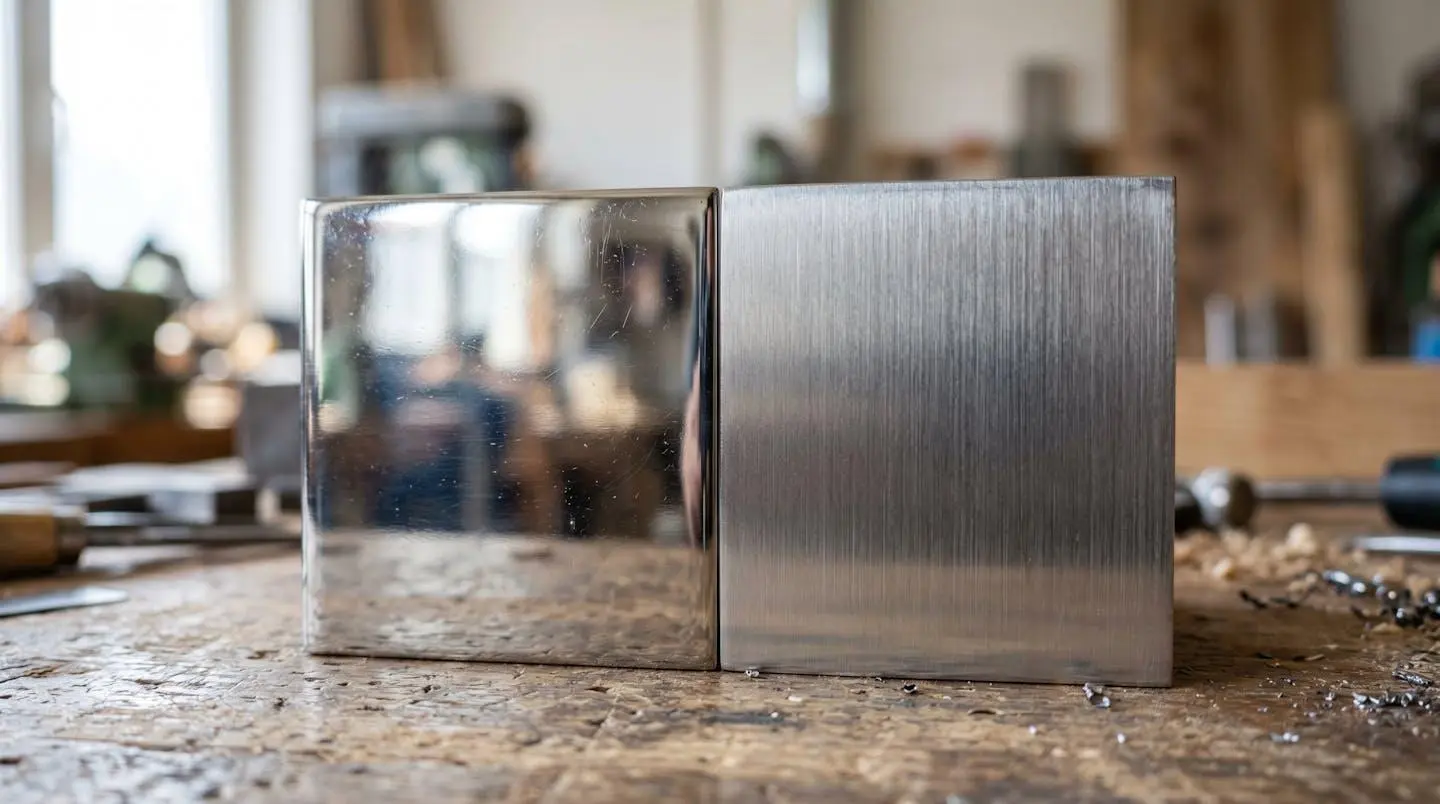 Deux plaques en acier inoxydable disposées côte à côte sous un éclairage d'atelier : la première en finition brut reflète intensément la lumière, la seconde en finition brossé présente un aspect mat satiné