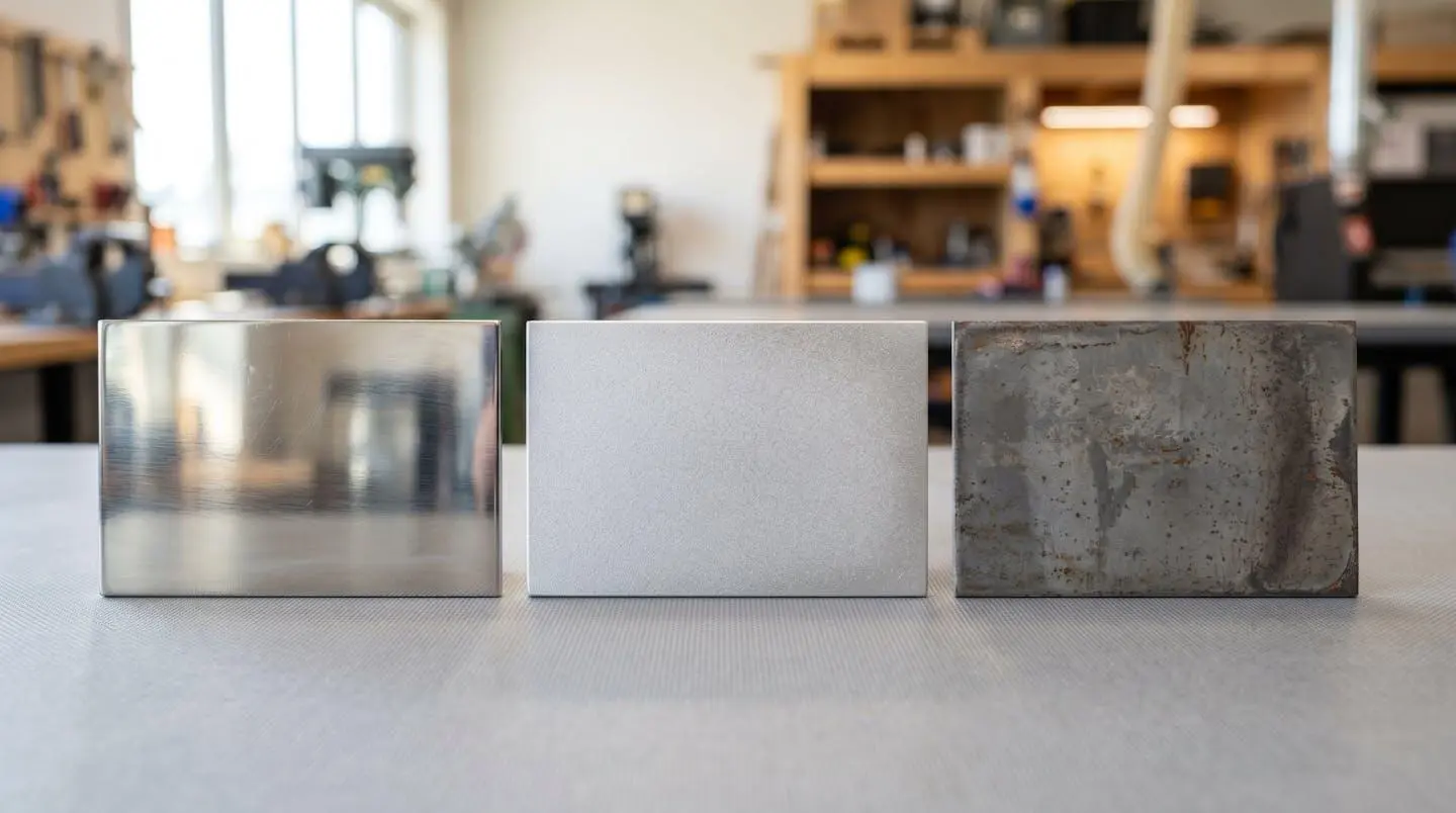 Trois plaques métalliques posées côte à côte sur un établi d'atelier : une plaque en acier inoxydable brillante, une en aluminium mat et une en acier brut légèrement patiné