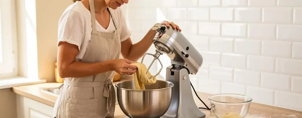 Une femme vérifie l'élasticité d'une pâte à brioche accrochée au crochet de son robot pâtissier dans une cuisine lumineuse.