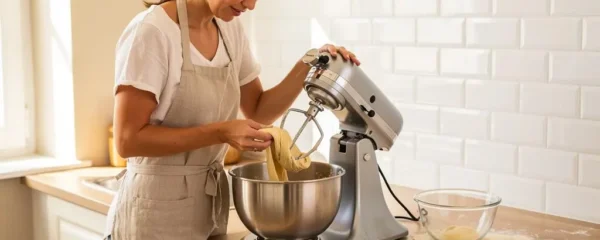 Une femme vérifie l'élasticité d'une pâte à brioche accrochée au crochet de son robot pâtissier dans une cuisine lumineuse.
