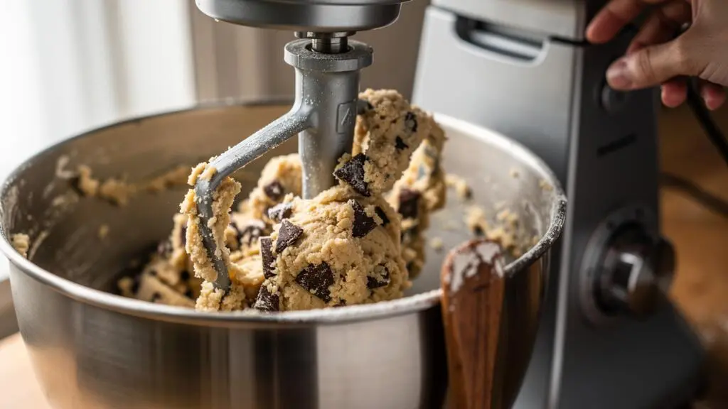 Une feuille de robot pâtissier mélange une pâte à cookies aux pépites de chocolat à vitesse moyenne dans un bol en inox.