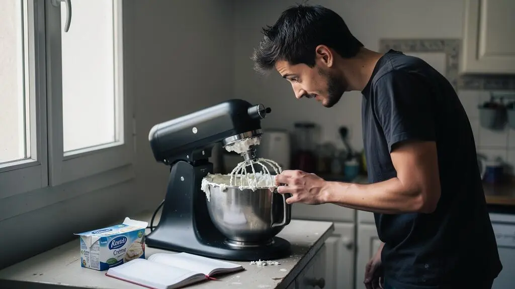 Un jeune homme observe une chantilly granuleuse dans le bol de son robot pâtissier après un fouettage trop rapide.